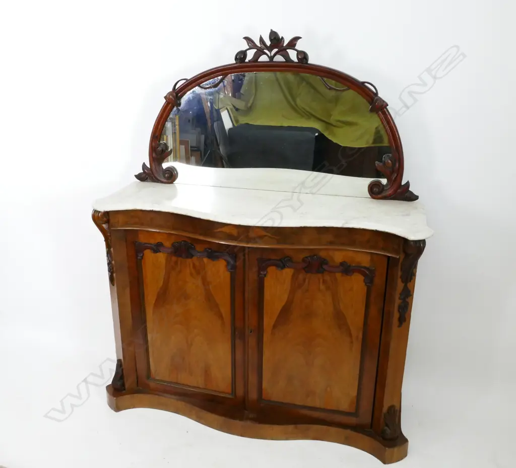 A Victorian burr walnut and marble top sideboard of small proportions Image 1++