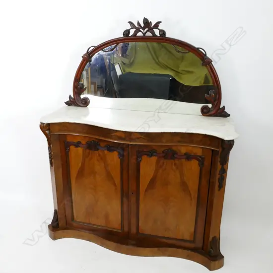 A Victorian burr walnut and marble top sideboard of small proportions