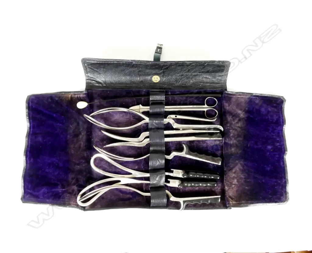A 19thC rare and complete set of S. Mawson & Thompson of London obstetric instruments in velvet lined leather bag Image 1++