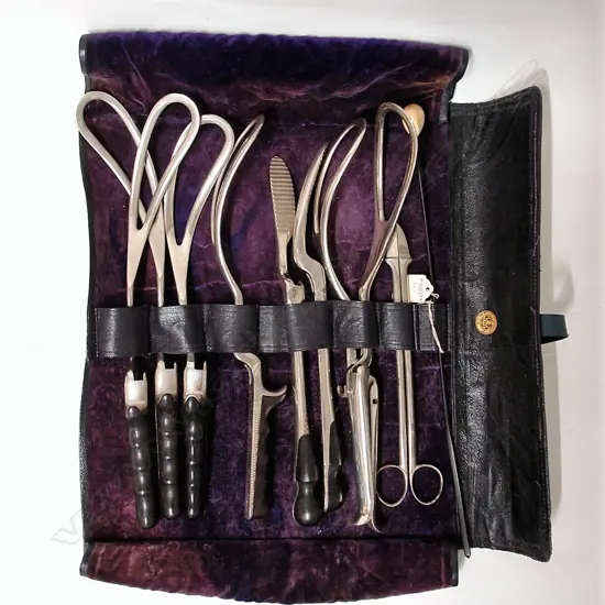 A 19thC rare and complete set of S. Mawson & Thompson of London obstetric instruments in velvet lined leather bag