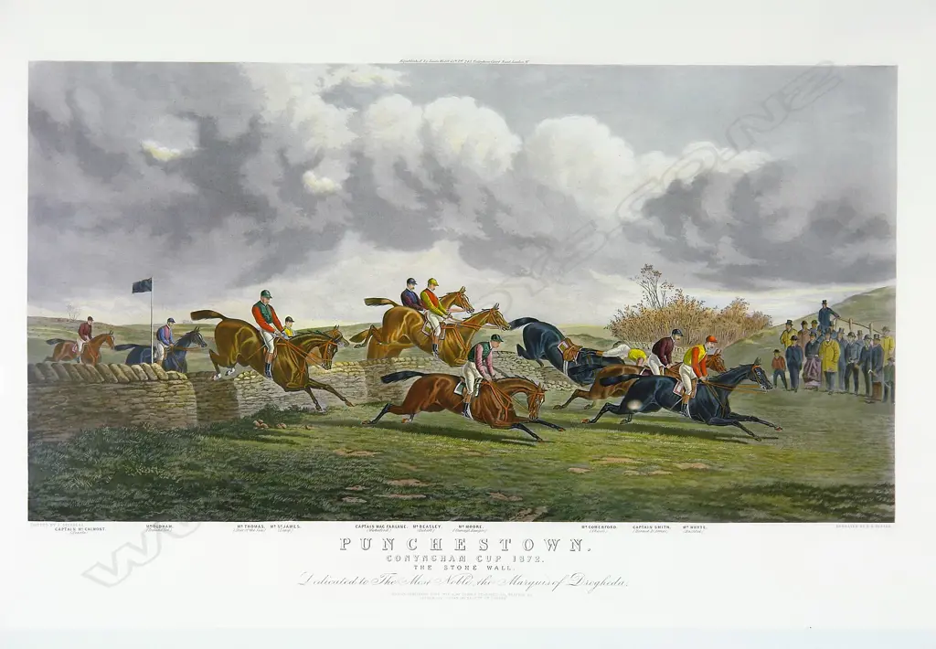 A 19thC steeple chase engraving 'Punchestown Conyngham cup 1872. The Stone Wall' Image 1++