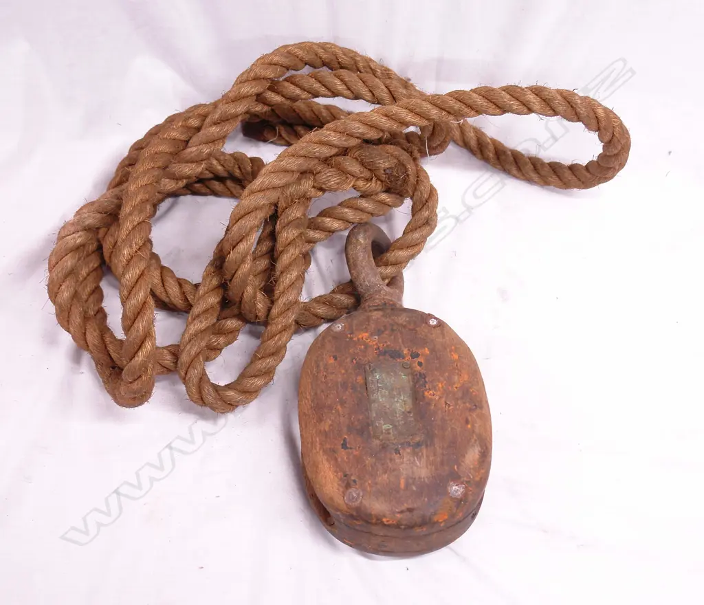 An old ship's wood and galvanised steel double pulley Image 1++