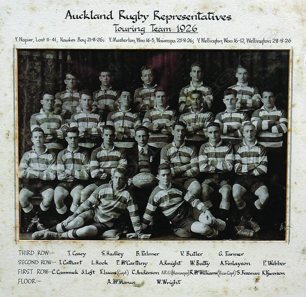 A vintage black and white photograph of the 'Auckland Rugby Representatives Touring Team 1926' Image 1++