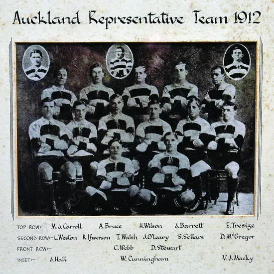 A vintage black and white photographic image of the 'Auckland Representative Team 1912'