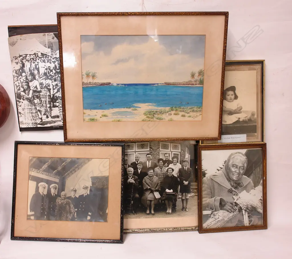Five photos of historic Tainui Maori figures and a watercolour of Ngatangua Harbour Rarotonga Image 1++