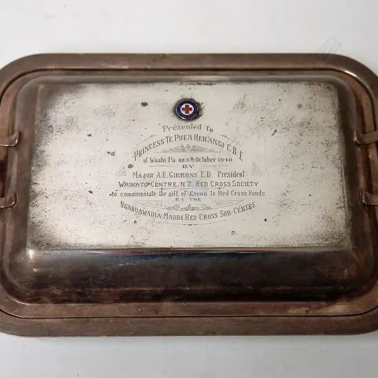 A 1940 silver plate presentation tureen engraved 'Presented to Princess Te Puea Herangi C.B.E.'