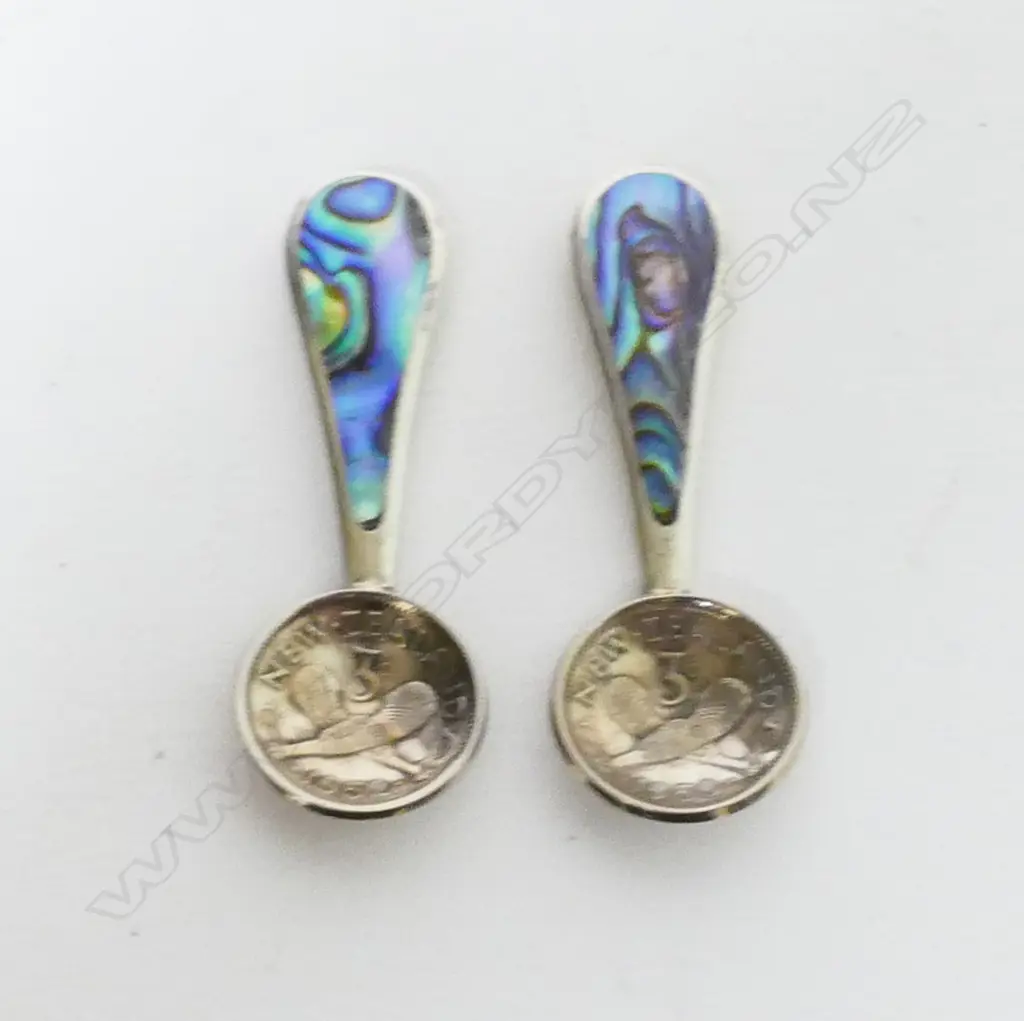 A pair of silver paua and threepence spoons Image 1++