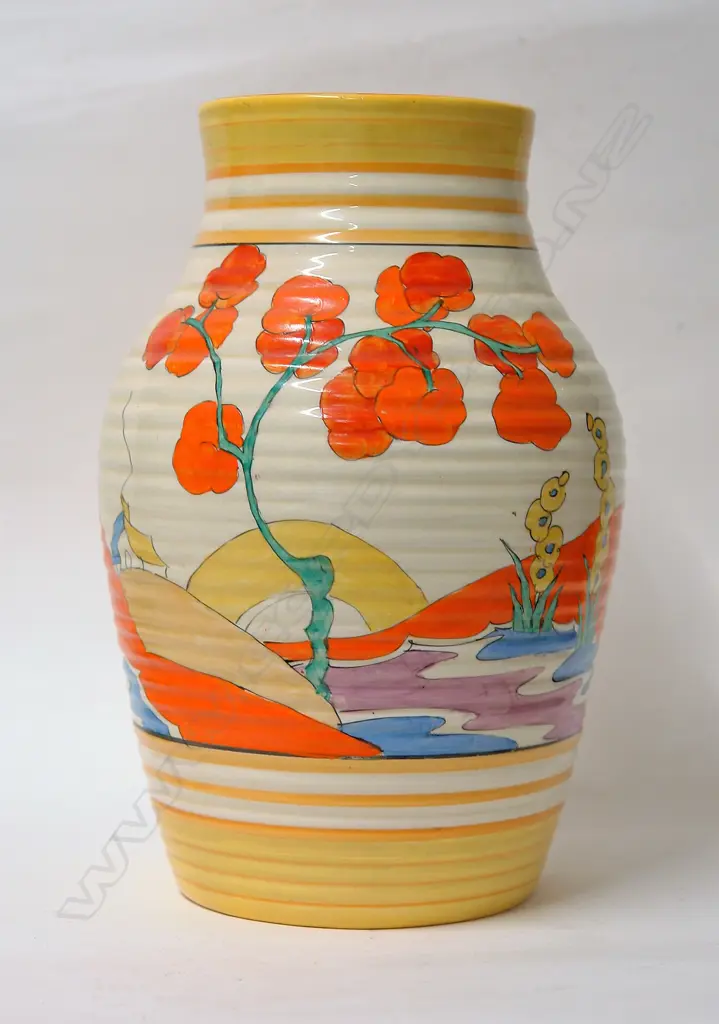 A Clarice Cliff large Isis vase in the orange Bridgewater pattern Image 1++