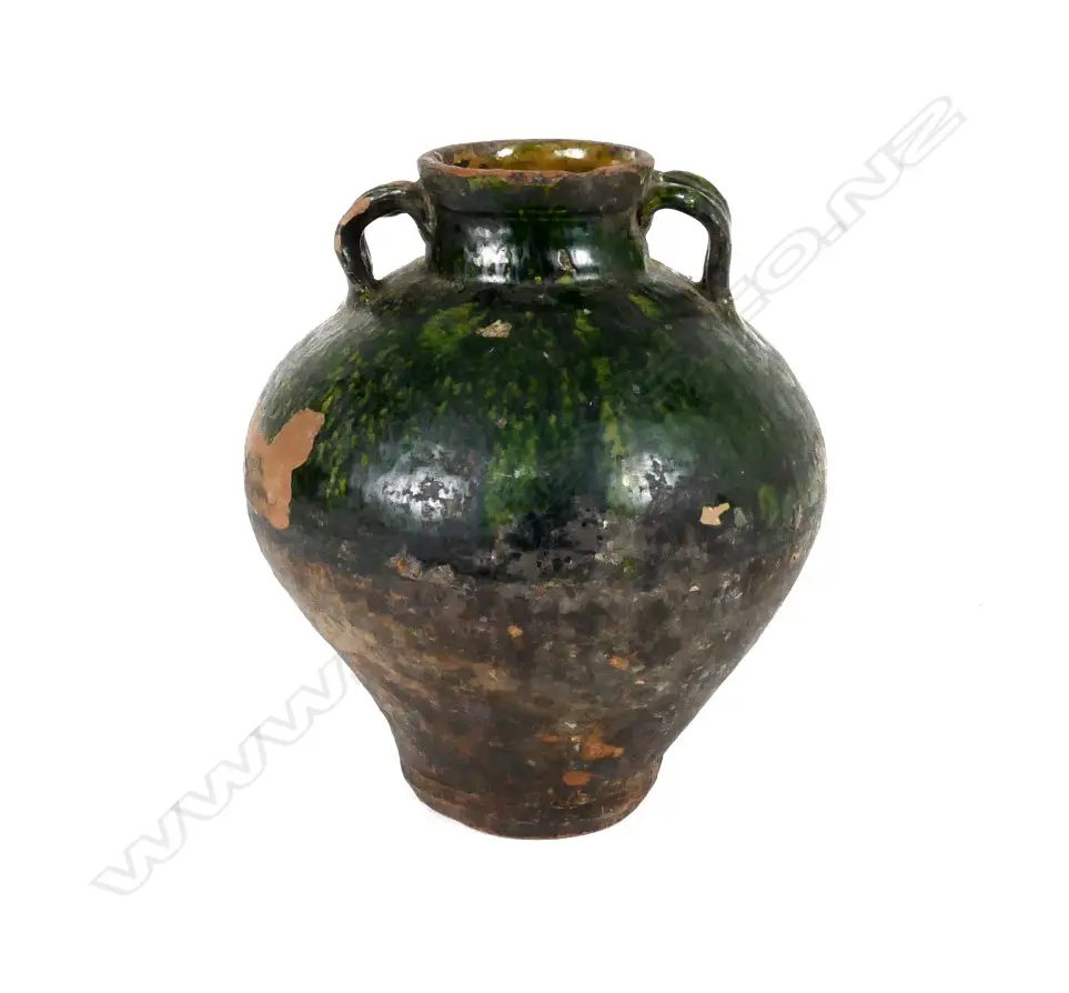 A European provincial two handled storage jar with emerald green glazed shoulder Image 1++