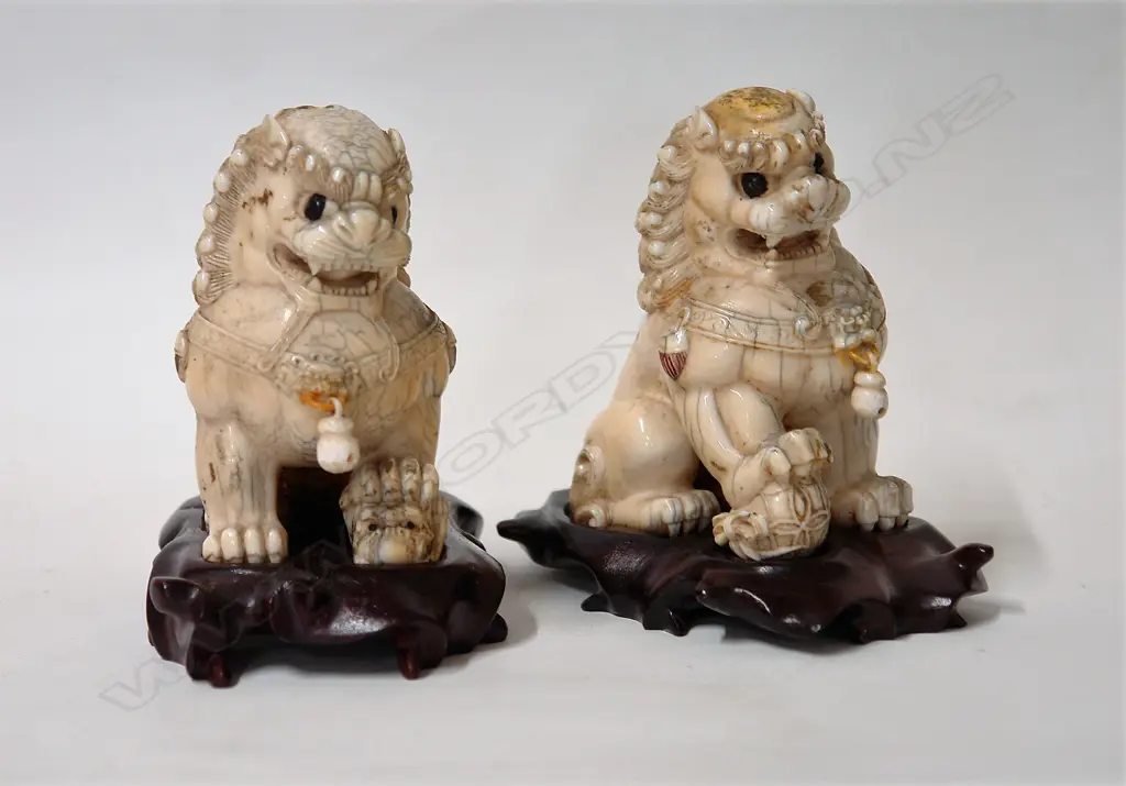 A pair of old carved ivory Chinese temple lion dogs Image 1++