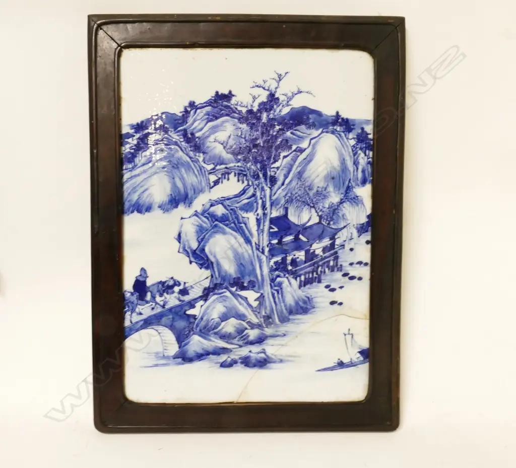 An old Chinese blue and white tile mounted in blackwood frame Image 1++