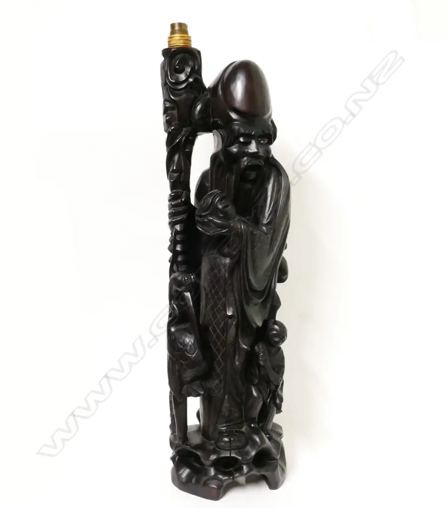 A Chinese carved blackwood table lamp base carved as Shao Lao Image 1++