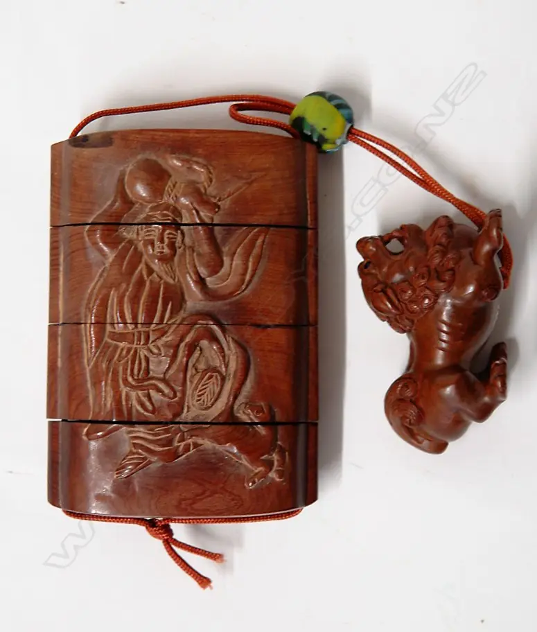 A Chinese four section carved wood inro Image 1++