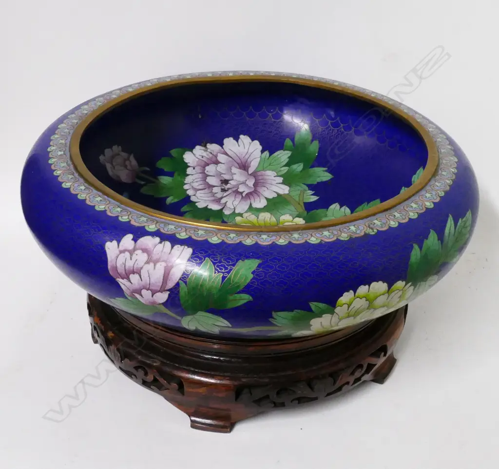 A large Chinese cloisonnè bowl on wooden stand Image 1++