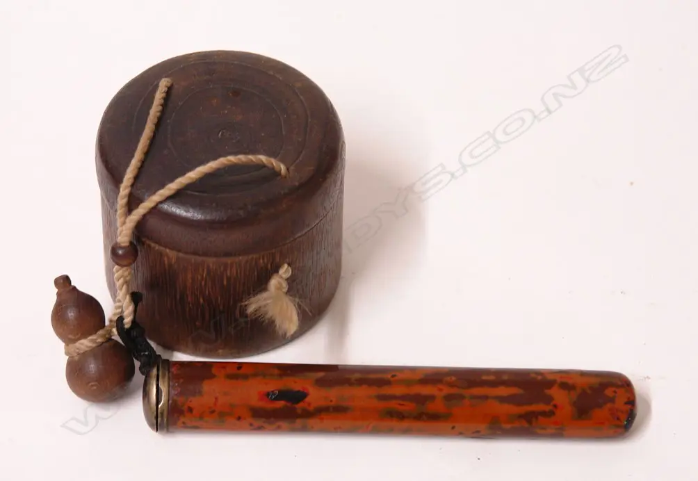 An old Japanese turned wood tobacco pouch and pipe holder Image 1++