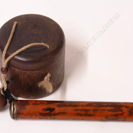 An old Japanese turned wood tobacco pouch and pipe holder