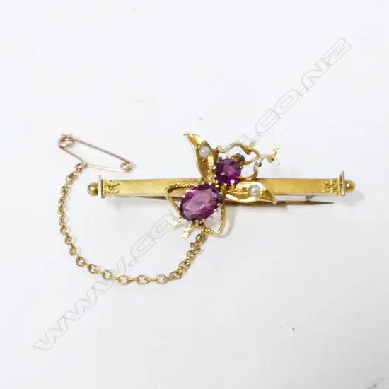 An Edwardian 9ct. yellow gold and amethyst bug brooch