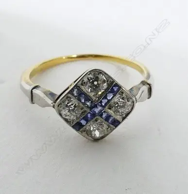 An Art Deco 18ct. gold and platinum diamond and sapphire ring Image 1++