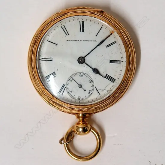 A late 19thC 'American Watch Co.' 18ct. yellow gold open faced gent's pocket watch