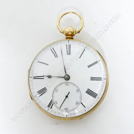 An 18ct. gold cased open face pocket watch. Hallmarked London 1850. White enamel face with Roman numerals