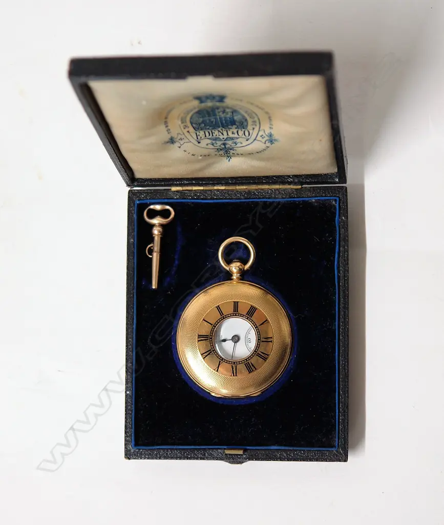An early 20thC 18ct. yellow gold gent's half-hunter pocket watch by E. Dent & Co. Image 1++
