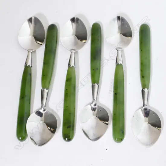 A set of six silver and greenstone coffee spoons