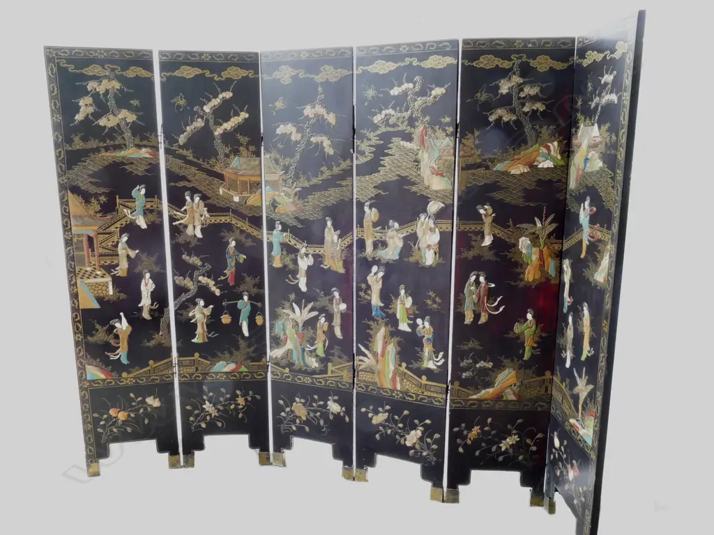 A Chinese lacquer and hardstone six panel screen Image 1++