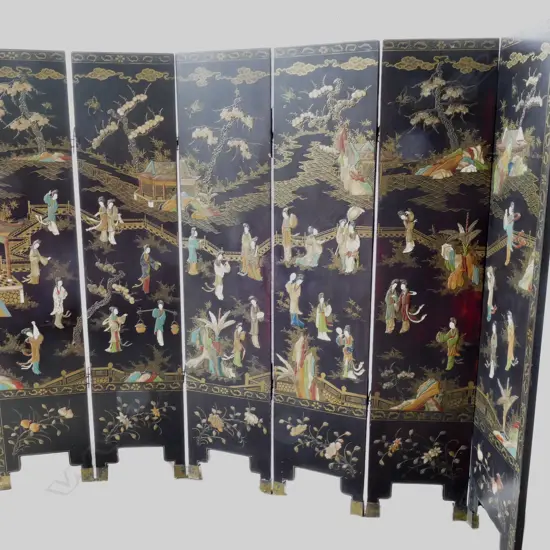 A Chinese lacquer and hardstone six panel screen