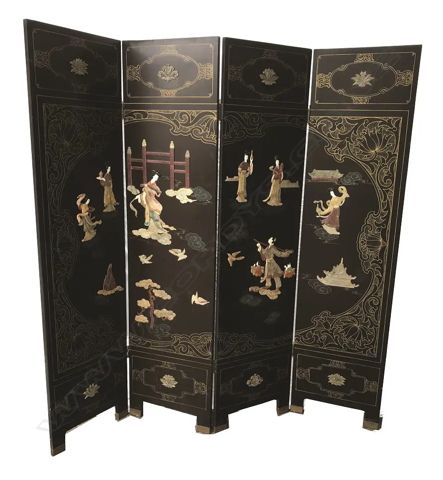 A Chinese black lacquer four-fold screen with hardstone and ivory decoration of figures Image 1++
