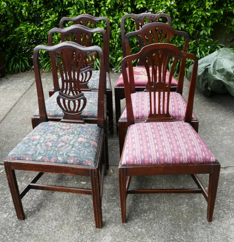 A harlequin set of six Georgian mahogany Hepplewhite and Chippendale dining chairs Image 1++