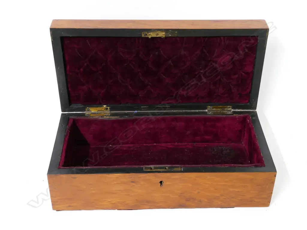A Victorian inlaid wood dressing table box with red lined interior Image 1++