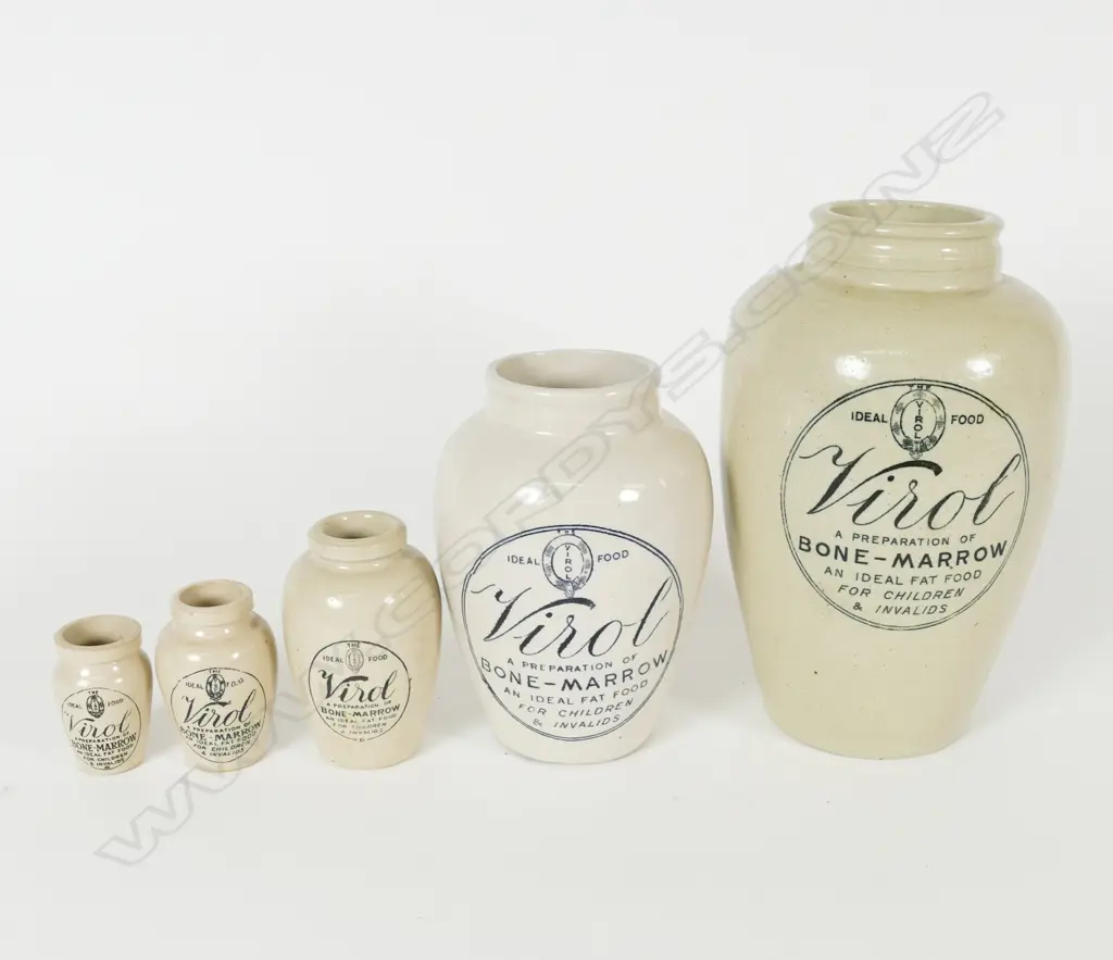 Five vintage stoneware Virol graduated bone marrow pots Image 1++