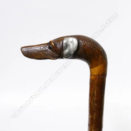 A walking stick with a dog's head handle