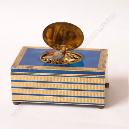 A c.1920 gilt metal and blue enamelled singing bird box