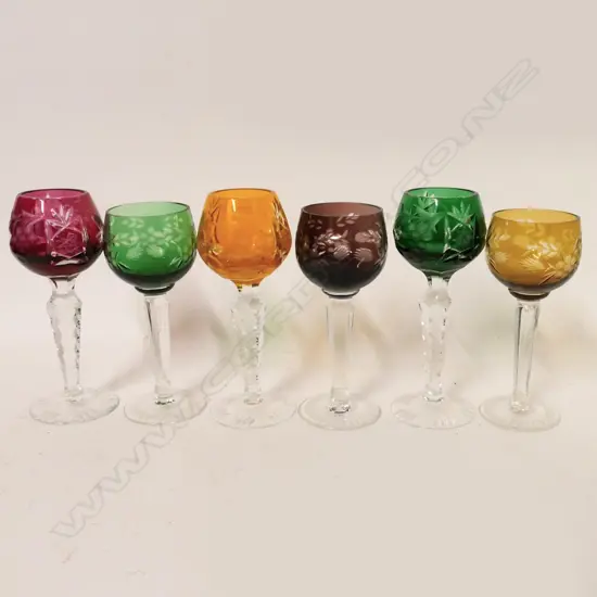 Six long stem Bohemian sherry glasses