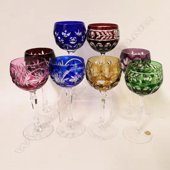 Eight Bohemian glass long stemmed wine goblets