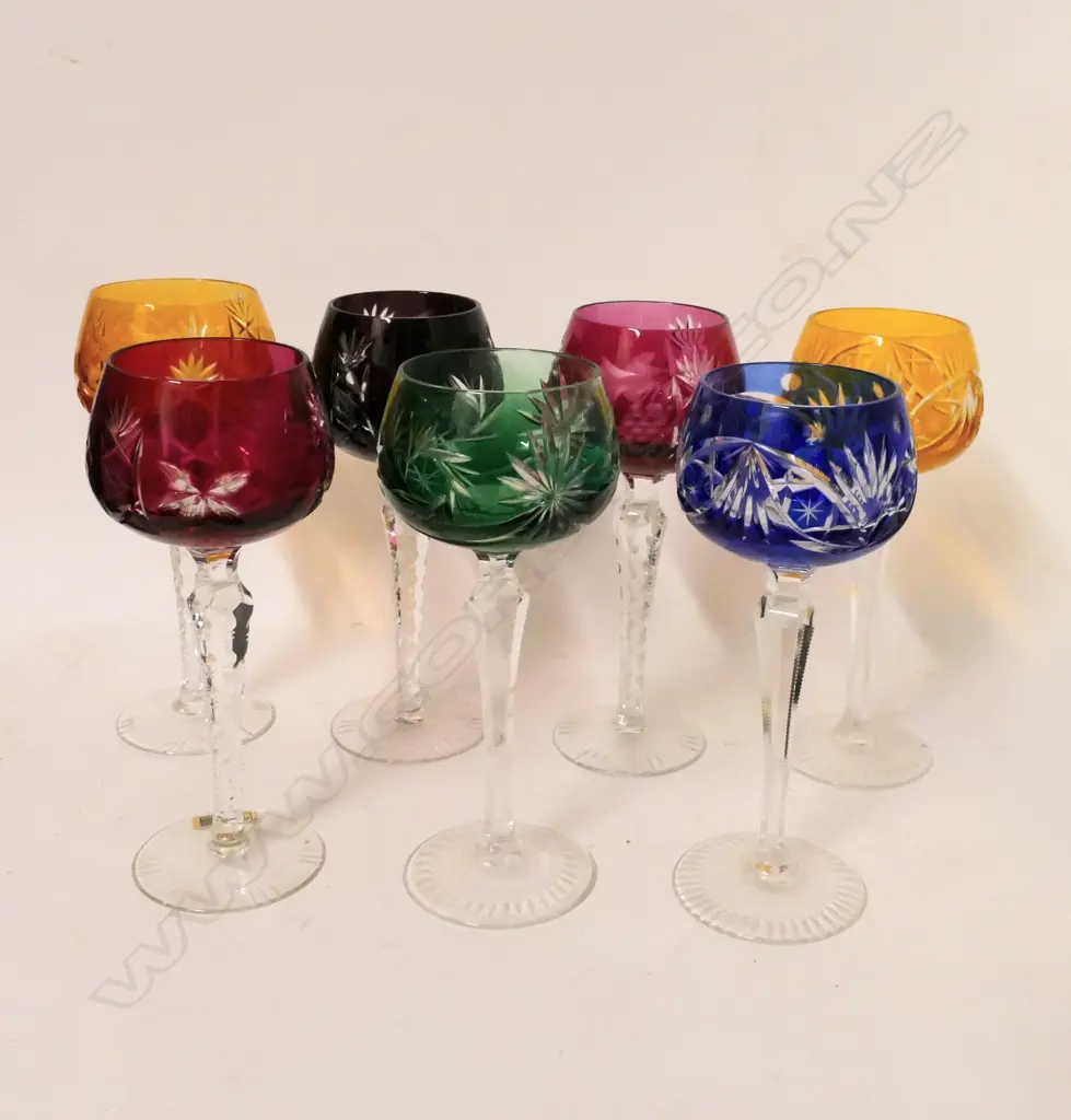 Seven Bohemian glass long stemmed wine goblets Image 1++