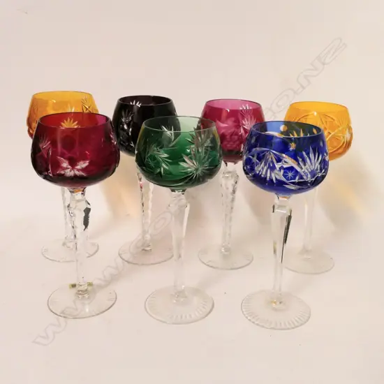 Seven Bohemian glass long stemmed wine goblets