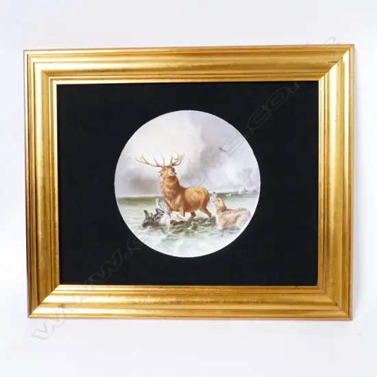A Worcester porcelain plaque 'The Stag at Bay'