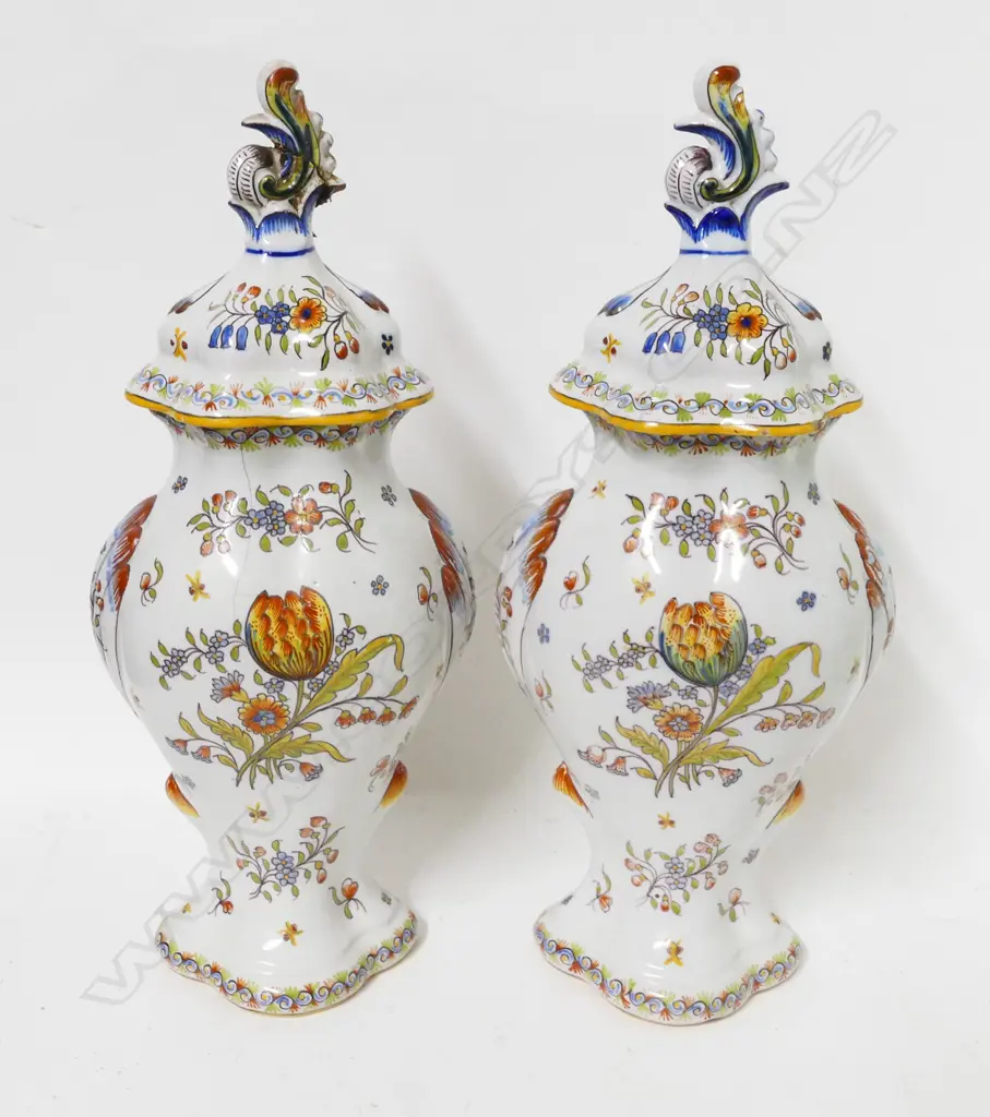 A pair old tin glazed lidded urns Image 1++