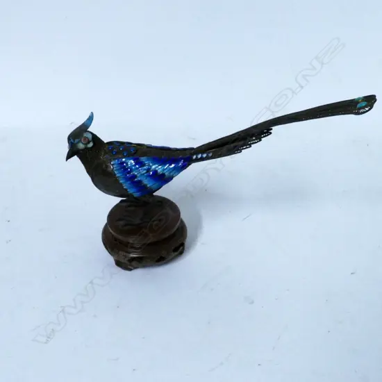 A Chinese filigree silver and enamel exotic bird