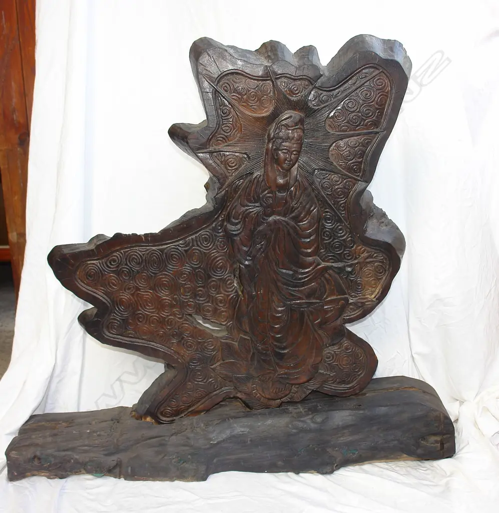 A Japanese slab trunk section carved with Kwannon Image 1++