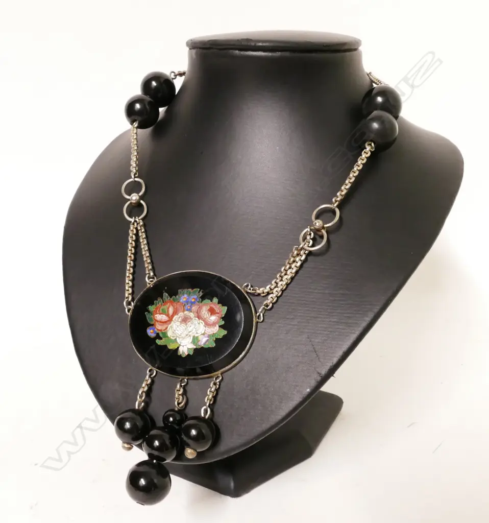 A Victorian pietra dura pendant and silver chain Image 1++