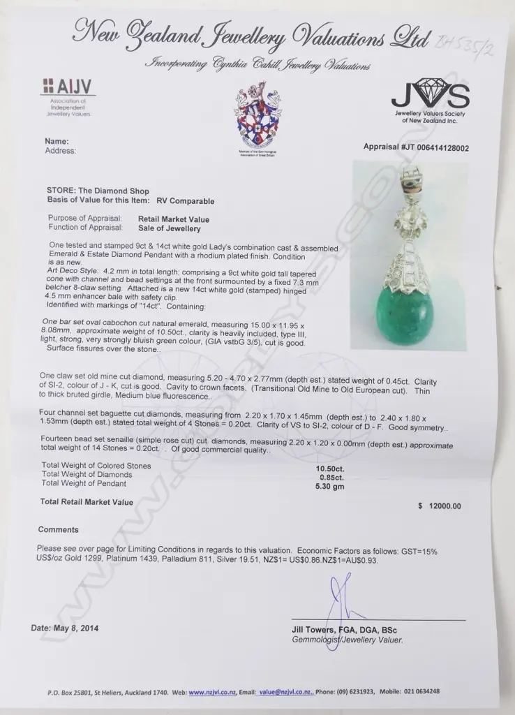 A 9ct. and 14ct. white gold emerald and estate diamond pendant Image 1++
