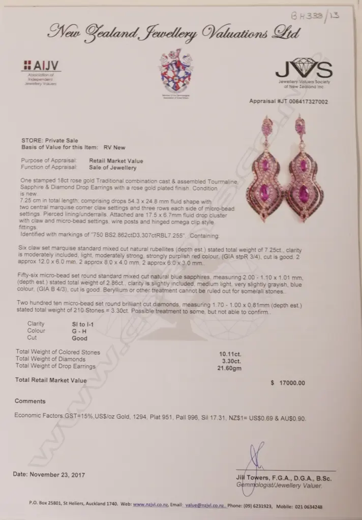 A pair of lady's large modern 18ct. rose gold rubellite diamond and sapphire earrings Image 1++