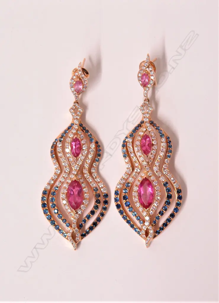 A pair of lady's large modern 18ct. rose gold rubellite diamond and sapphire earrings Image 1++