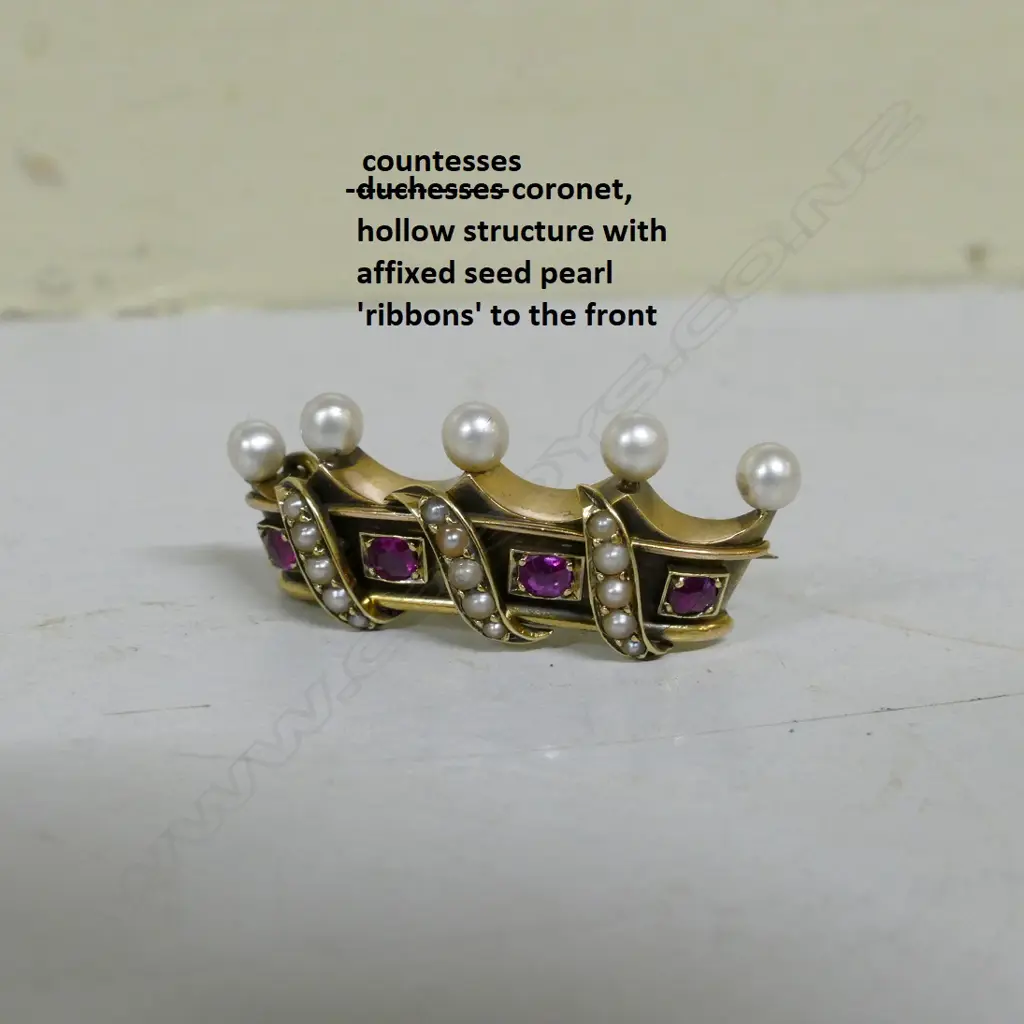 A 19thC 15ct. yellow gold ruby and seed pearl crown form brooch Image 1++