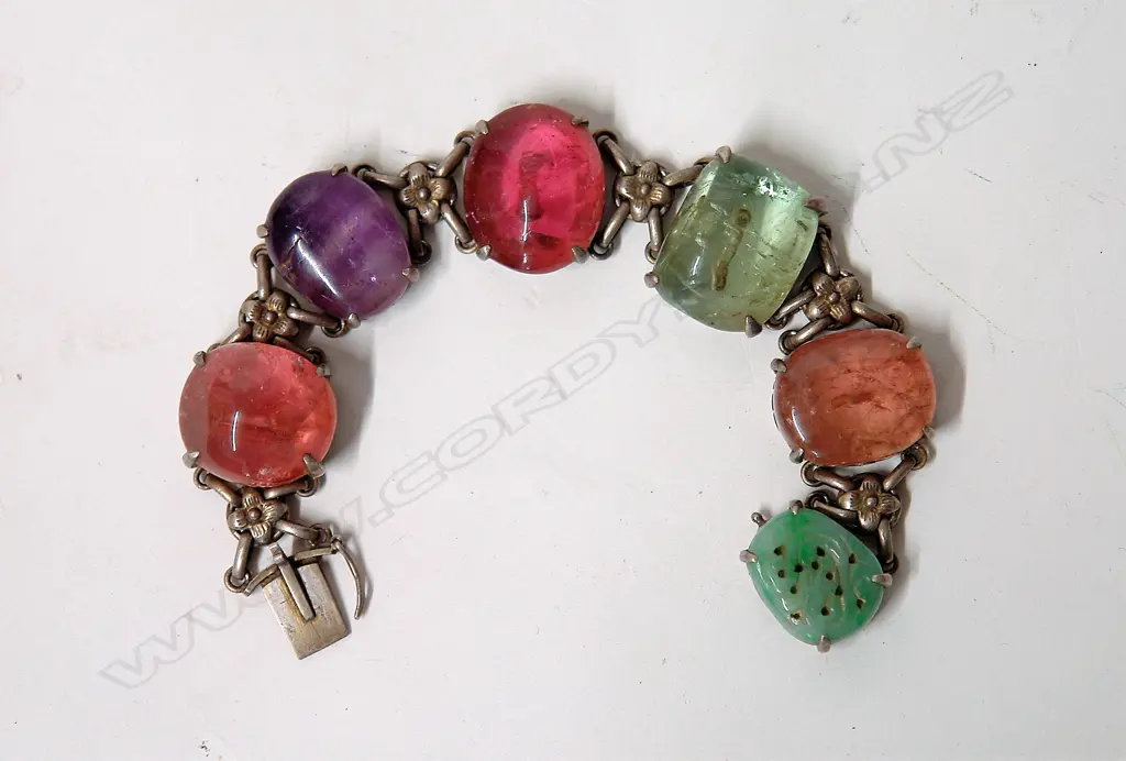A vintage Chinese silver and large cabochon gemstone set bracelet Image 1++
