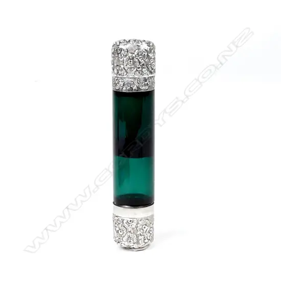 A Victorian silver tall green glass double ended scent bottle