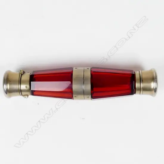 A Victorian silver and ruby glass binocular smelling salts/scent bottle